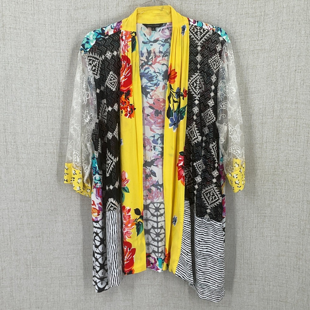 John Mark‎ Kimono Cardigan Women Large Multicolor Artsy Lace Mixed Media Boho